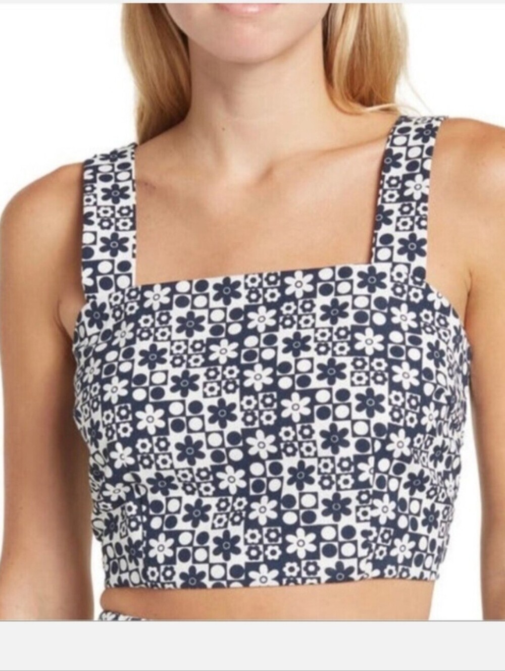 Elodie Sleeveless Crop Top Geometric Floral Print Navy White Size Large Ruched